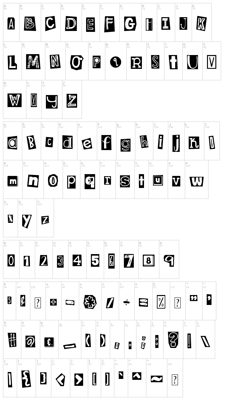 DJB Ransom Note Clipped font map